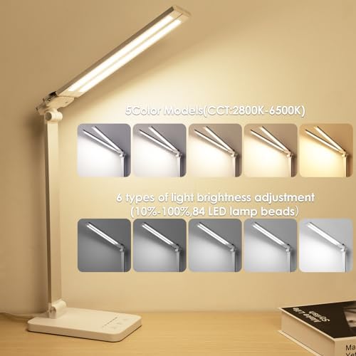 LAOPAO LED Desk Lamp, Dual Head Desk Light, 5 Levels Dimmable & 3 Color Modes Eye-Caring Table Light with USB Charging Port, Table Lamp for Reading, Studying, Home Office,White - Image 2