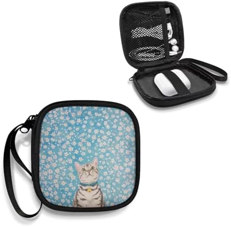 Cat Earbuds Case Portable Earbuds Carrying Case, Portable Earphone Case Phone Accessories Organizer with Handle for SD Card, USB Charging Cable Blue - Image 2