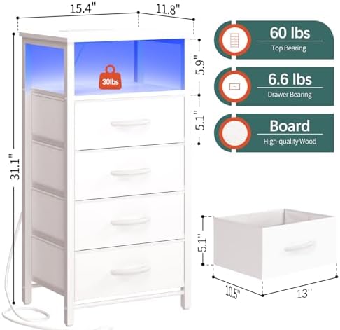 Yoobure Night Stand - LED White Nightstand with Charging Station for Dorm - Image 3