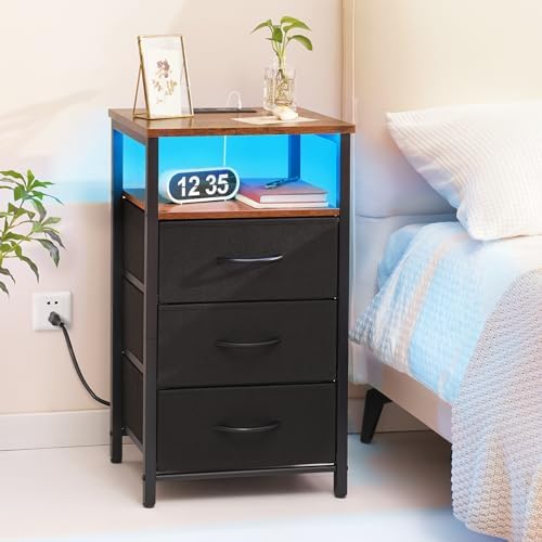 Yoobure Night Stand with Charging Station, 3 Fabric Drawers Nightstand, Bedside Tables with Storage Shelf, End Table with 16 Colors LED, Small Dresser for Small Space, Black Brown - Image 2