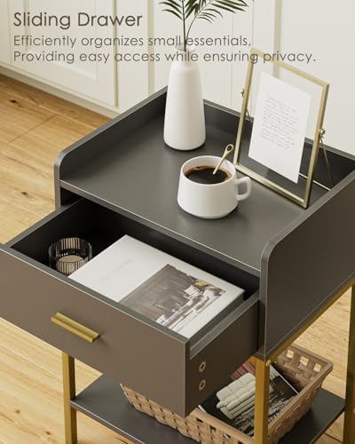 Masupu Gray Nightstand,3-Tier Modern Bedside Table Night Stand with Storage Drawer and Shelf,Small End Side Table for Bedroom,Living Room,(Without Outlet,) - Image 6