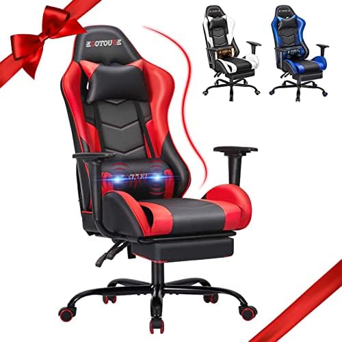 ECOTOUGE Red Ergonomic PC Massage Gaming Chair with Footrest | Reclining Racing PU Leather, Swivel Rocker, Headrest, Lumbar Pillow, Office Desk Chair, Adjustable Height, Sturdy Base by ECOTOUGE