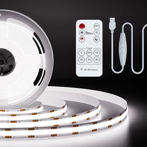 PAUTIX 5V USB COB LED Strip Light 6.56ft/2m 1200lm, Dimmable 640LEDs 6000K Daylight White CRI90+ with RF Remote TV Backlight,Flexible Under Cabinet Tape Light for Bedroom,Kitchen,Home DIY Lighting by PAUTIX