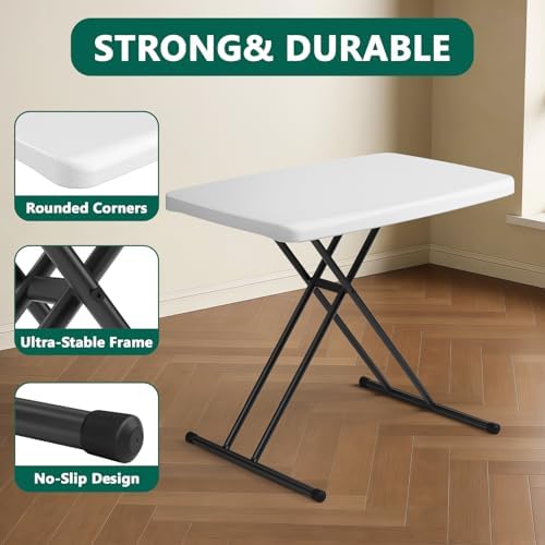 Folding Table 30 Inch - Small Desk Adjustable Height TV Tray for Laptop, Couch, Camping - Heavy Duty Utility Foldable Table for Small Spaces, No Assembly Required,Plastic White Granite - Image 4