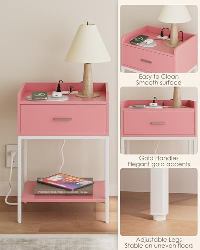 Masupu Nightstand with Charging Station,3-Tier Modern Bedside Night Stand with Storage Drawer and Shelf,Small End Side Table for Bedroom,Living Room,Pink and White - Image 7