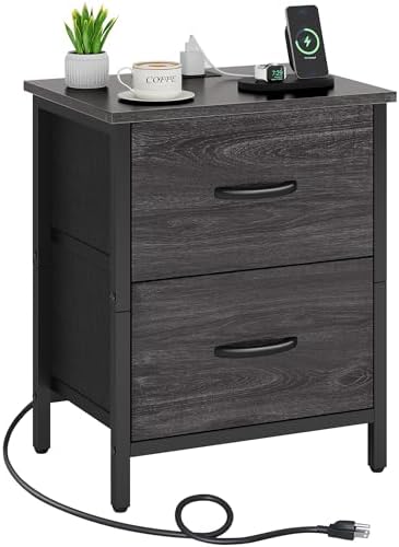 Vagusicc Nightstand with Charging Station, Bedside Table with USB Ports and Outlet, End Table Side Table with 2 Fabric Drawers for Bedroom, Living Room, Gray Walnut by Vagusicc