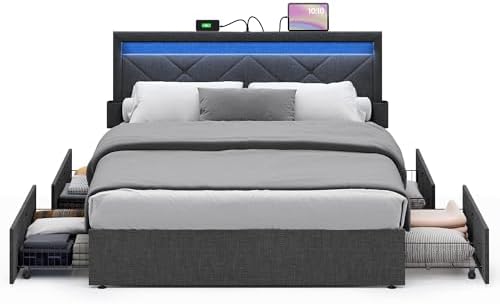 VASAGLE Queen Bed Frame, 4 Storage Drawers on Wheels, Charging Station by Unknown