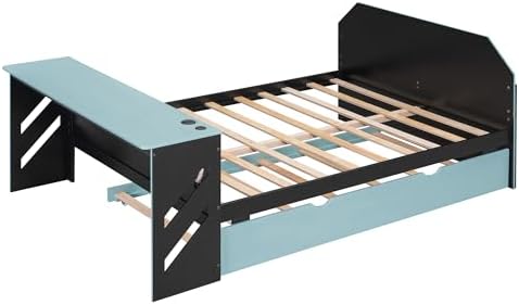 Bellemave Full Size Gaming Bed with Desk and USB,Full Bed with Trundle,Wood Platform Bed with Trundle for Girls Boys,Cloud Blue - Image 5