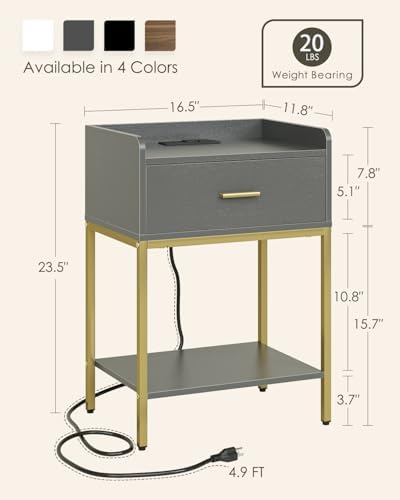 Masupu Nightstand with Charging Station,3-Tier Modern Bedside Night Stand with Storage Drawer and Shelf,Small End Side Table for Bedroom,Living Room,Grey - Image 2