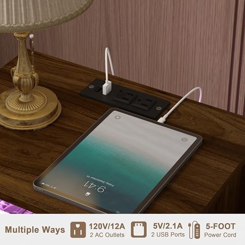 JOONEE Nightstand with Outlet and Led Light, Bedside Table with Storage Drawer, Fluted Side Table for Living Room, Bedroom - Image 5