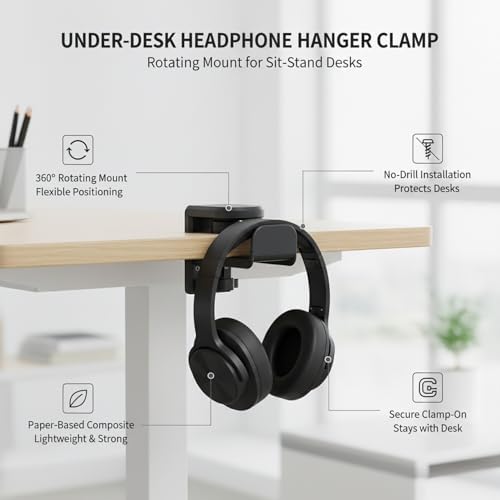 Under Desk Headphone Hanger Clamp, Rotating Mount for Sit-Stand Desks, No-Drill Installation, Paper-Based Composite (1 PC) - Image 4