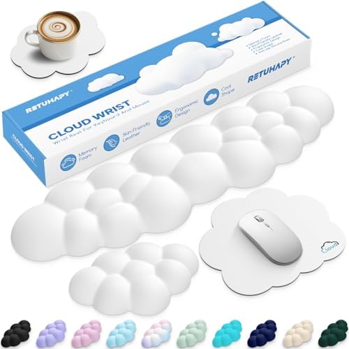 Cloud Wrist Rest Keyboard Cushion and Cloud Mouse Pad, White | 4-in-1 Ergonomic Cloud Keyboard Wrist Rest Set, Memory Foam, Arm Support for Palm, Cute Desk Accessory for PC Gaming Setup by Unknown