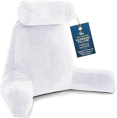Husband Pillow XXL The Original for Adults - 30" Tall Backrest for Sitting Up in Bed - Firm Support Reading & Bed Rest Pillows for Adults, Neck Roll, Removable Cover - TV - White by HusbandPillow