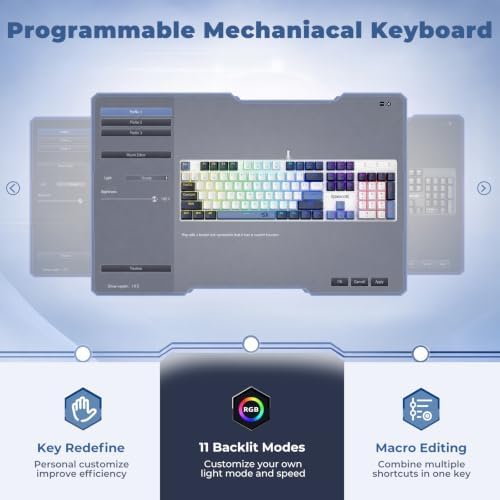 Redragon Mechanical Gaming Keyboard Wired, 11 Programmable Backlit Modes, Hot-Swappable Red Switch, Anti-Ghosting, Double-Shot PBT Keycaps, Light Up Keyboard for PC Mac, Blue - Image 3