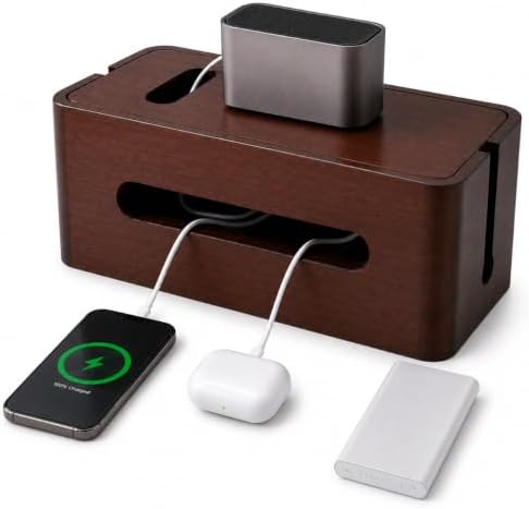 Large Wooden Cable Management Box, Cord Organizer for Power Strip, Surge Protector & Chargers, Ventilation Holes & Multi Cable Slots, Wire Hider for Desk, TV, Office & Gaming Setup by Hotlea