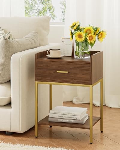Masupu Nightstand, 3-Tier Modern Bedside Night Stand with Storage Drawer and Shelf, Small End Side Table for Bedroom, Living Room, Walnut - Image 6