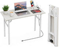 Folding Table Computer Desk - 43.3" No Assembly Folding Desk with Power Outlets & USB Charging Port, Small Desk, Foldable Office Desk, Compact Storage Portable Use for Small Space, White Ash by HMFOR