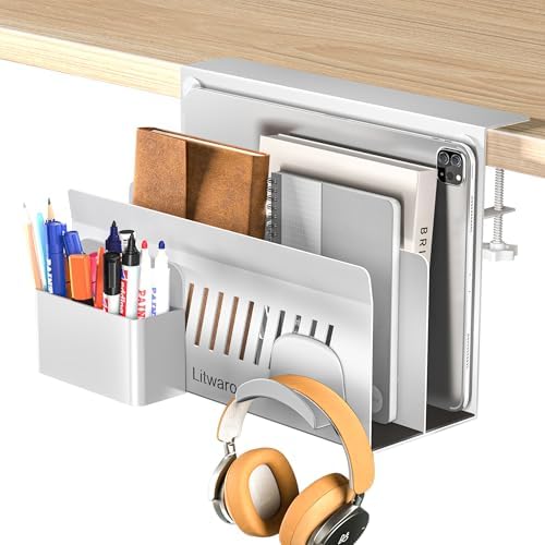 Litwaro Desk Side Storage Organizer, 2 Tier Under Desk Laptop Holder No Drill, Laptop Mount with Magnetic Pen Holder, Hanging Desk Organizer Fits Flat Edge Desks 0.4" to 2.1" (White) by Litwaro