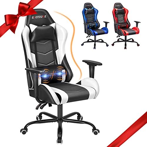 ECOTOUGE White Ergonomic PC Gaming Chair with Massage & Recline | Office Desk Chair, Racing PU Leather, Swivel Rocker, Headrest, Lumbar Pillow, Adjustable Height, Sturdy Base by ECOTOUGE