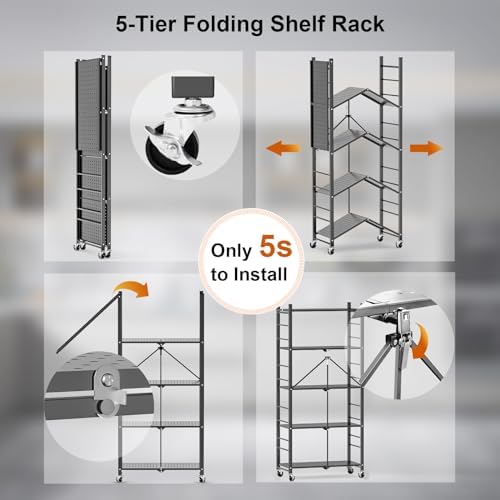 Himix 5-Tier Foldable Storage Shelves with 20 Hooks Wheels Grey Display - Image 5
