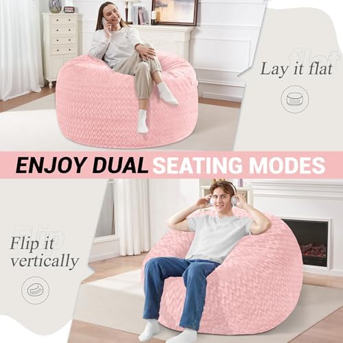 3FT Bean Bag Chair,Giant Bean Bag Chairs for Adults,Big Bean Bags with Memory Foam Filled, Large Beanbag Chairs with Chevron Plush Cover-Soft Pink - Image 2