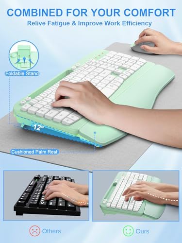 Hayyiesh Ergonomic Wave Keys Wireless Keyboard and Mouse Combo, Full Size with Memory Foam Wrist Rest & Phone Holder, 2.4G Cordless Set with USB-C Adapter for Windows Mac Desktop Laptop (Mint Green) - Image 4