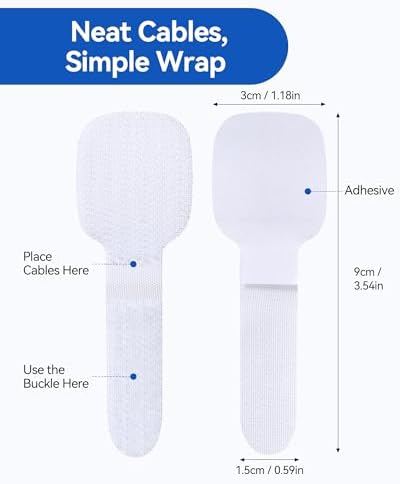 AGPTEK 80Pcs Self-Adhesive Cable Ties, Hook and Loop Cable Straps, White - Image 2