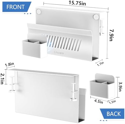 Litwaro Desk Side Storage Organizer, Under Desk Laptop Holder No Drill, Laptop Mount with Magnetic Pen Holder, Hanging Desk Organizer Fits Flat Edge Desks 0.4" to 2.1" (White) - Image 2