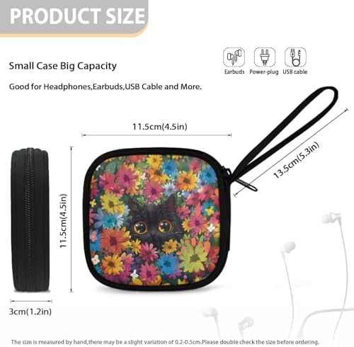 Lightweight Headphone Storage Bag, Colorful Flower Black Cat Portable Headset Carrying Pouch Headphone Case Bag Soft Travel Pouch for Ear Headphones Headphone Holder - Image 5
