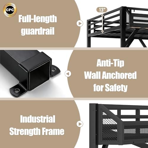 Bellemave Twin XL Loft Bed Frame with Storage Stairs, Beside Shelf & Wardrobe, Metal Loft Bed Twin XL with USB Ports & LED Light, Large Under-Bed Space Loft Beds for Adults, Teens, Kids, Black Natural - Image 6