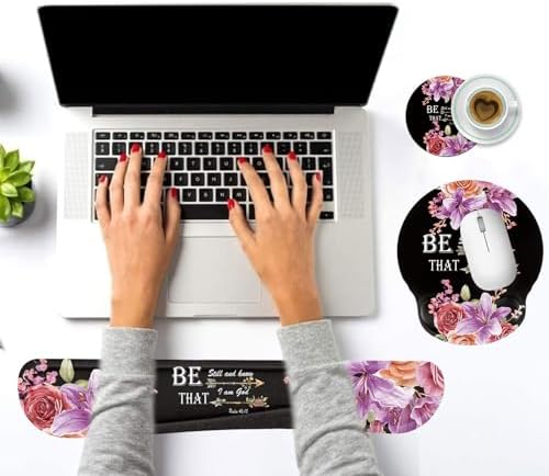 Keyboard Wrist Rest and Mouse Pad Wrist Support Set with Coffee Coaster, Non-Slip PU Base for Gaming and Office, Comfortable & Lightweight for Easy Typing & Pain Relief,Flower Bible Verse Psalm 46-10 - Image 6