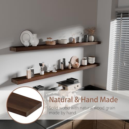 60 inch Long Floating Shelves for Wall,Solid Wood Long Shelves Set of 2,Walnut Rustic Mounted Shelves for Bathroom Bedroom Laundry Room (Walnut, 60 Inch) - Image 4
