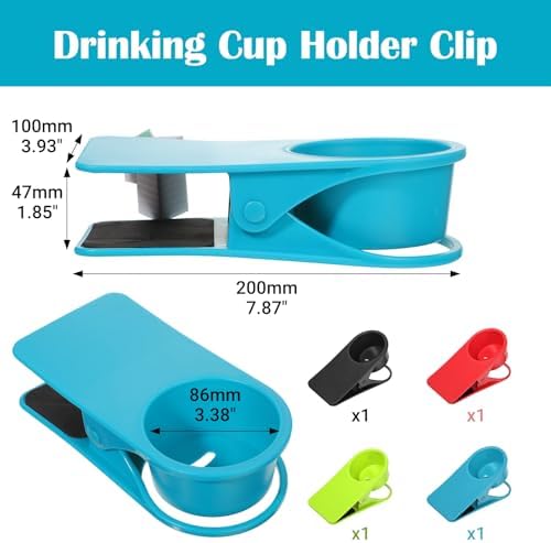 4 Pack Drinking Cup Holder Clip Large Desk Cup Holder with Side Hole Beach Cups Holders for Chair Water Bottle Clip for Coffee Mug Soda Can, Black Red Blue Green - Image 2