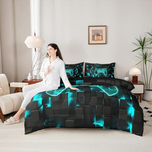 Erosebridal Video Games Bedding Set Queen 7 Piece,Modern Gamer Comforter Set with Sheets | Gamepad Bed in A Bag for Kids Boys Teens Bedroom, Player Gaming Console Bed Sets, Teal Black - Image 6