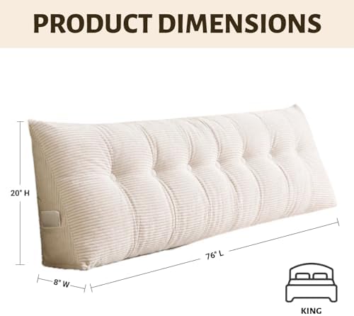 Wedge Reading Pillow Headboard King Size, Headboard Bolster Pillow for Bed, Triangular Backrest Cushion with Removable Corduroy Cover, White - Image 2