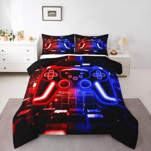Gamer Comforter Set Gaming Girl Toddler Bedding Set, Neon Lights Video Game Console Comforter Red Blue Brick Cube Quilt,Gaming Room Decor for Boys - Image 6