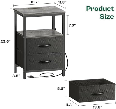 Huuger Night Stand with Charger Station and LED Lights, 2 Drawer Nightstand - Image 3