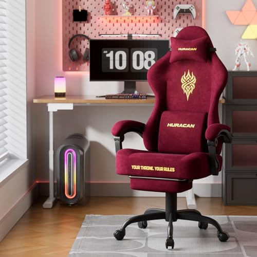 Ferghana Velvet Fabric Gaming Chair - 20.5″ Wider Seat Cushion, Fire Embroidery, Ergonomic High Back Game Chair with Footrest | Computer Chair with Massage Lumbar Support for Adult, Red - Image 2