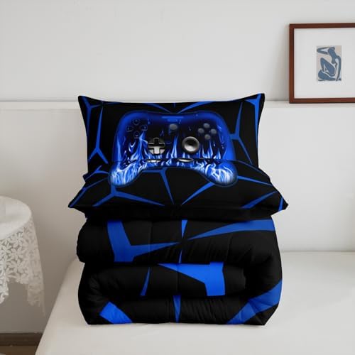 Feelyou Kids Gamer Comforter Set,Gaming Bedding Set Full Size for Boys Girls,3D Geometric Video Game Console Comforter,Blue and Black Game Contoller Bed Set for All Season - Image 5