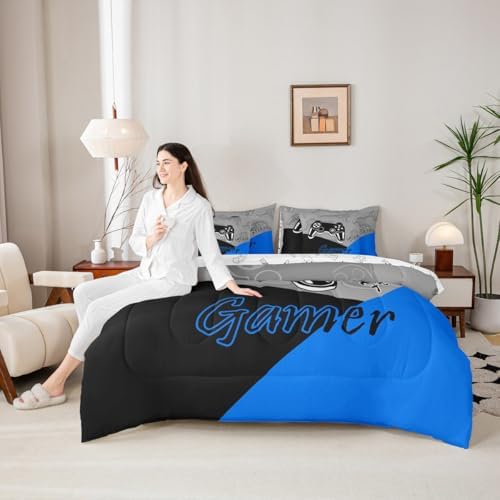 Feelyou Gaming Bed in a Bag for Boys Teen Video Game 7 Piece Bedding Set Full Size for Kids Gamer Comforter Set with Sheets for All Season Gamepad Home Decor Bed Set Blue Black Grey - Image 6