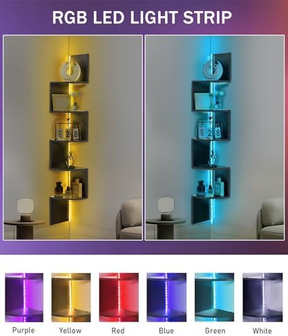 5 Tiers Corner Shelf with RGB LED Lights, 49.2" Wall Mount Floating Corner Display Shelf for Living Room Bedroom Home Office Decor, APP & Remote Control (Black) - Image 2