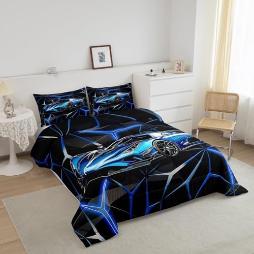 Feelyou Kids Boys Sports Car Comforter Set Queen Size Blue Race Car Comforter for Kids Teens Room Decor Extreme Sports Bedding Set Cool Speed Car Decor Quilt Set Soft for All Season - Image 2