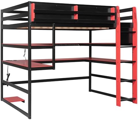 DNYN Gaming Loft Bed with Built-in Desk and Storage Shelves for Teens/Adults Bedroom, Space-Saving Full Size Wooden Bed Frame with LED & Side Race, No Box Spring Needed - Image 5