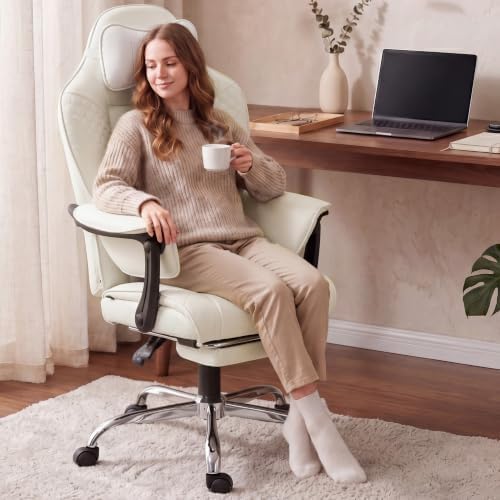 Dowinx Big and Tall Gaming Chair with Footrest for Home Office 500LBS White | High Back Leather Office Chair, Extra-Wide & Thick-Padded Seat Cushion with Ergonomic Lumbar Support and Soft Linkage Armrest - Image 2