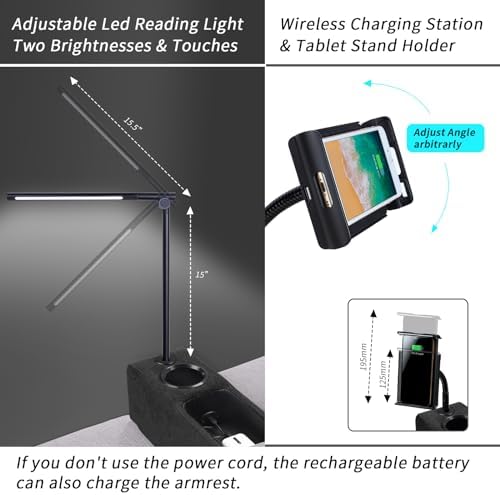 Removable Sofa Armrest with Cup Holder, PU Leather Multifunctional Couch Caddy Storage Arm Rest with Power Wireless Charging Stand & LED Reading Light for Sofa Middle Seat Adjustable - Image 4