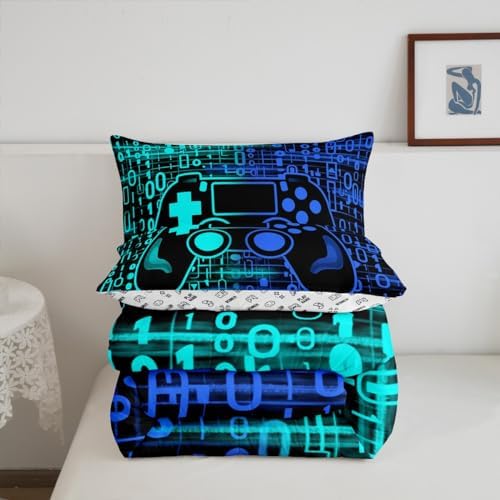 Feelyou Kids Boys Blue and Green Gamer Comforter Set Full Size, Geometric Teens Gaming Bedding Set for Game Comforter Game Room Duvet Set Gamepad Microfiber Bed Set Room Decor Set Bedding Collection - Image 5