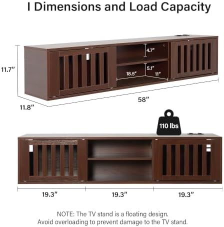 59" Floating TV Stand Wall Mounted with Power Outlet, Walnut - Image 2