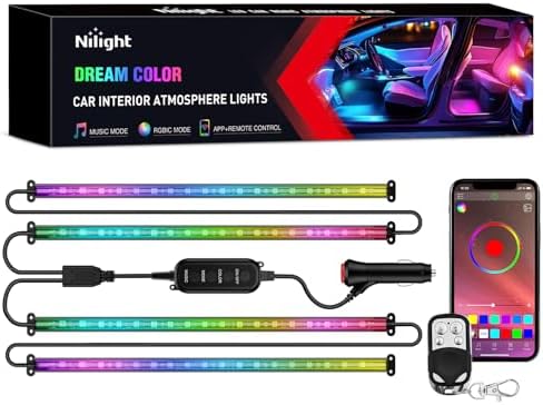 Nilight 4PCS Interior Car Strip Lights Cigarette Lighter Dream Color RGB-IC 12V DC with App Remote Control Multicolor Under Car Dash Lighting 2 Lines Design Music Sync Mode for Cars Truck ATV UTV by Nilight
