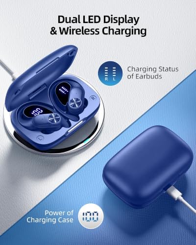 PocBuds Bluetooth Headphones Wireless Earbuds 80hrs Playtime Wireless Charging Case Digital Display Sports Ear Buds with Earhook Deep Bass IPX7 Waterproof Over-Ear Earphones for TV Phone Laptop Navy - Image 3