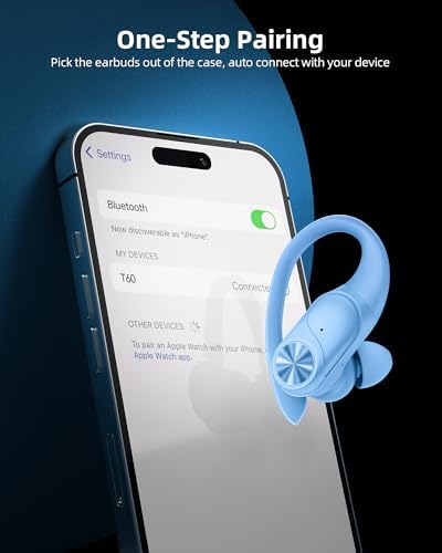 PocBuds Bluetooth Headphones Wireless Earbuds 80hrs Playtime Wireless Charging Case Digital Display Sports Ear Buds with Earhook Deep Bass IPX7 Waterproof Over-Ear Earphones for TV Phone Laptop Blue - Image 4